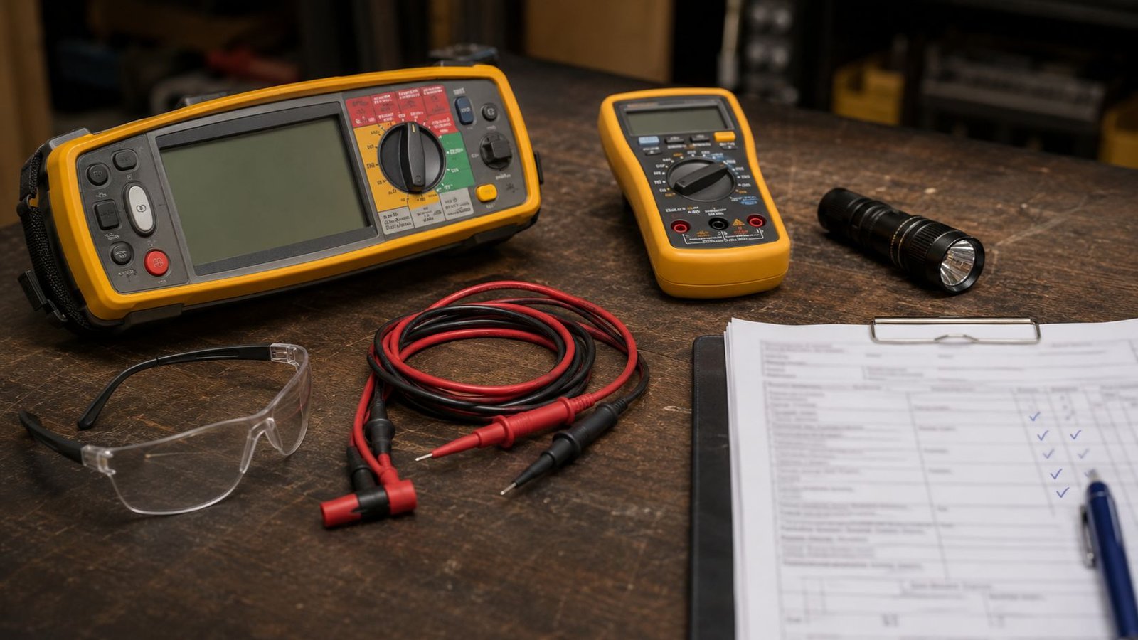 EICR inspection tools and clipboard on a workbench, Ellon AB41 electrical safety inspection