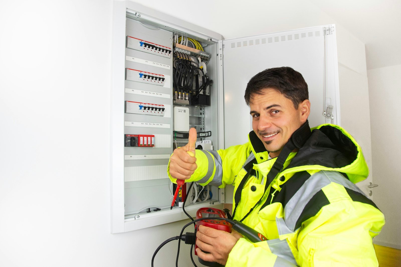 Electrician yellow jacket pointing in Maryculter