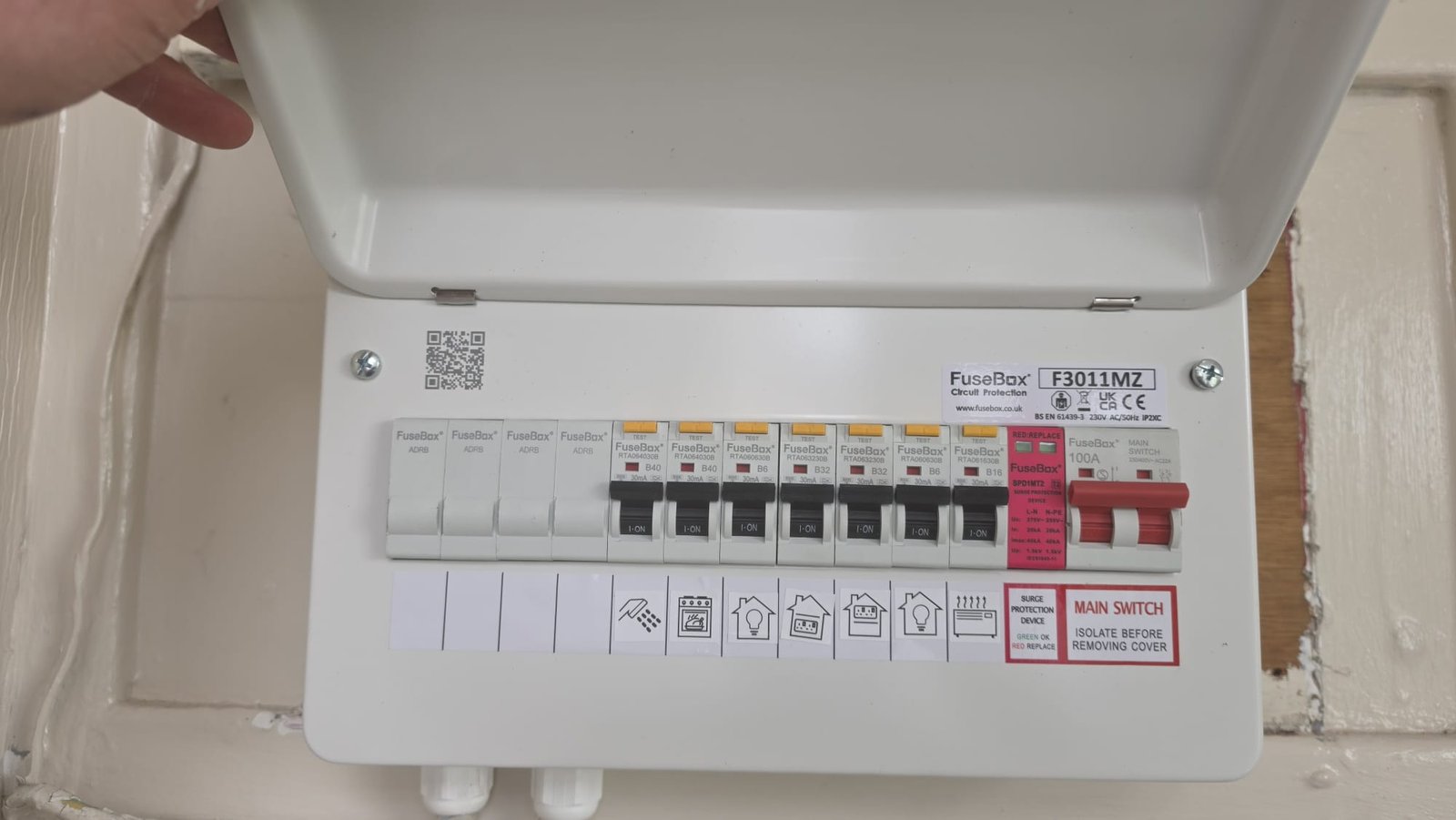 Extension consumer unit fitted in Aberdeen. FuseBox RCBO board with new cable conduit visible
