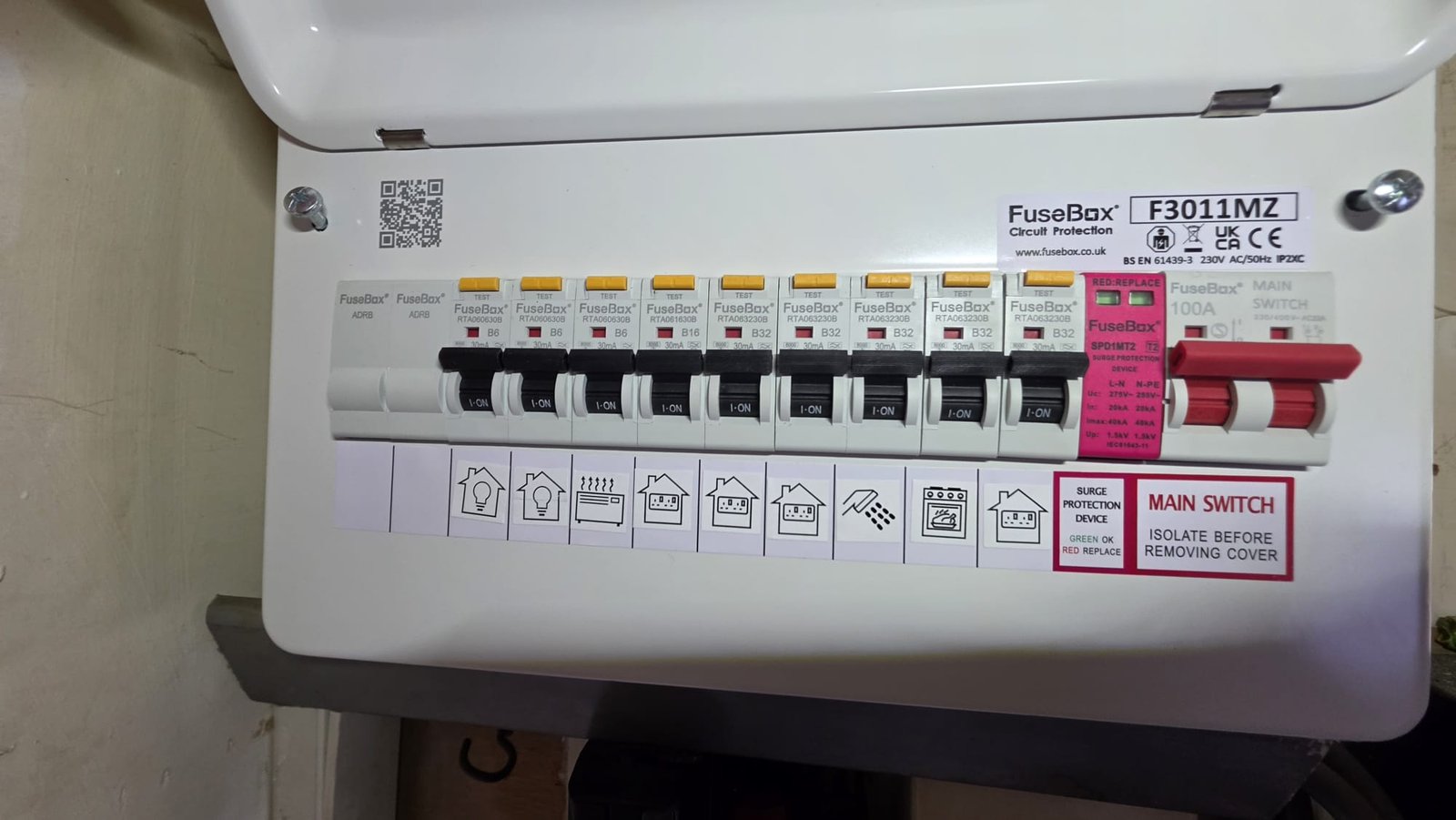 Full nine-way RCBO board installation in Aberdeen using FuseBox F3011MZ. Every circuit separately protected
