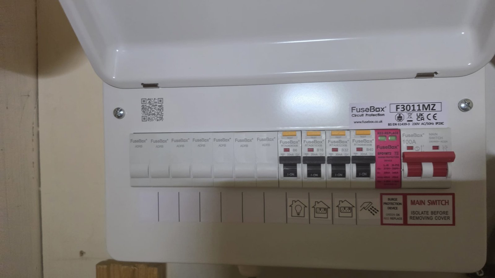 Compact FuseBox RCBO consumer unit fitted on a small Aberdeenshire property, with four protected circuits and seven spare ways