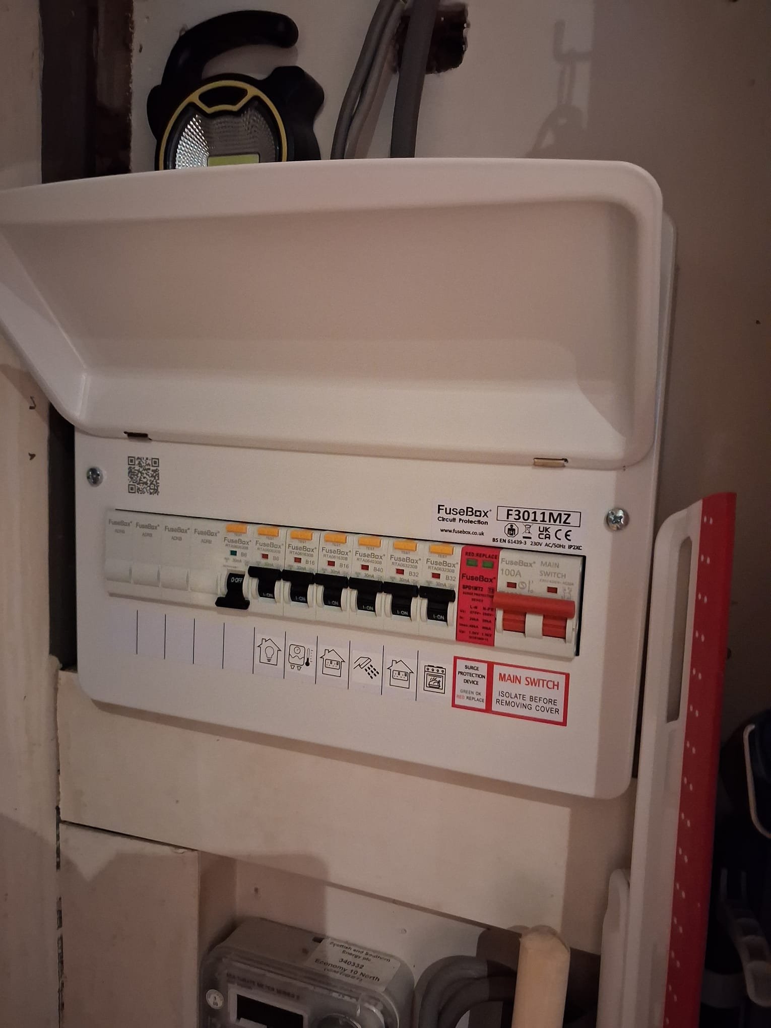 Installed FuseBox consumer unit with linked smoke alarm and meter in a Ferryhill flat