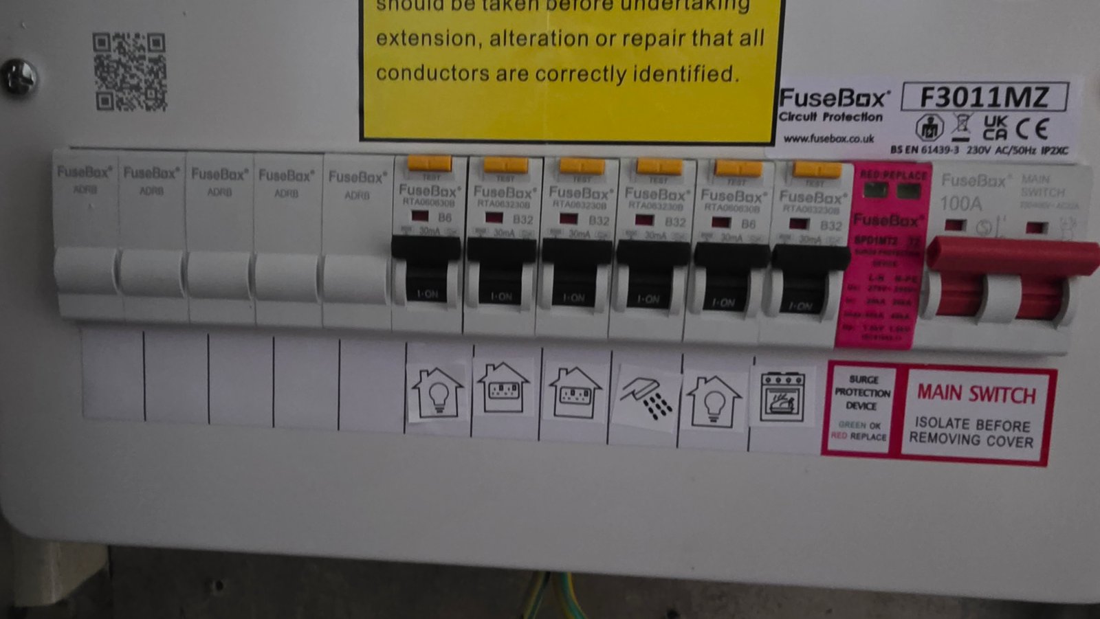 Close up of labelled circuits and RCBOs in a new FuseBox consumer unit in Kincorth
