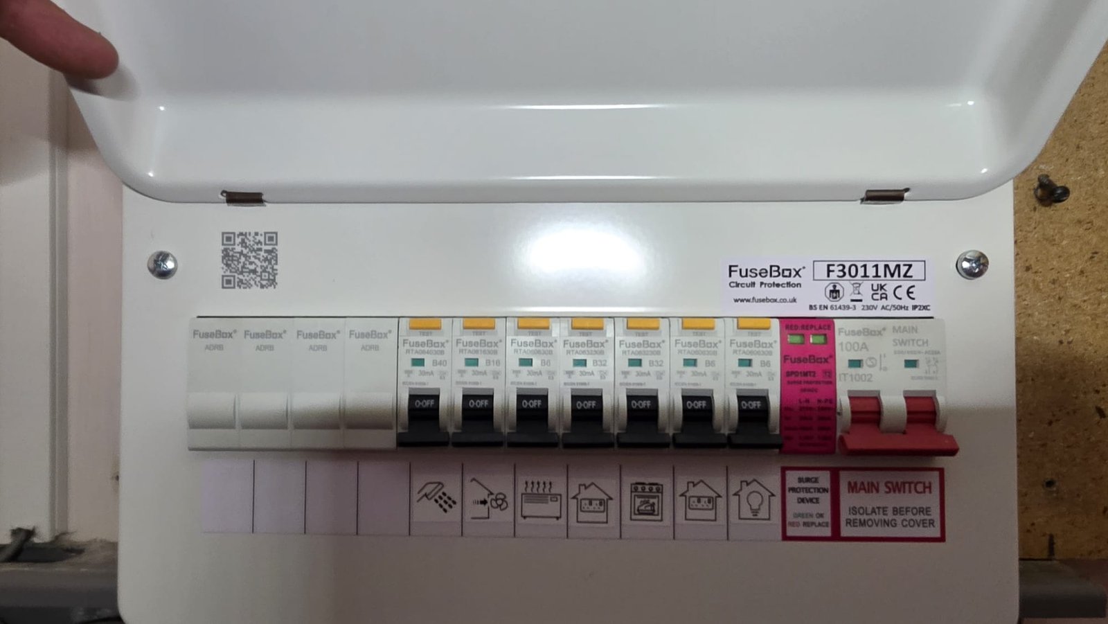 New FuseBox F3011MZ consumer unit in Aberdeen, all RCBOs in the OFF position ready for commissioning