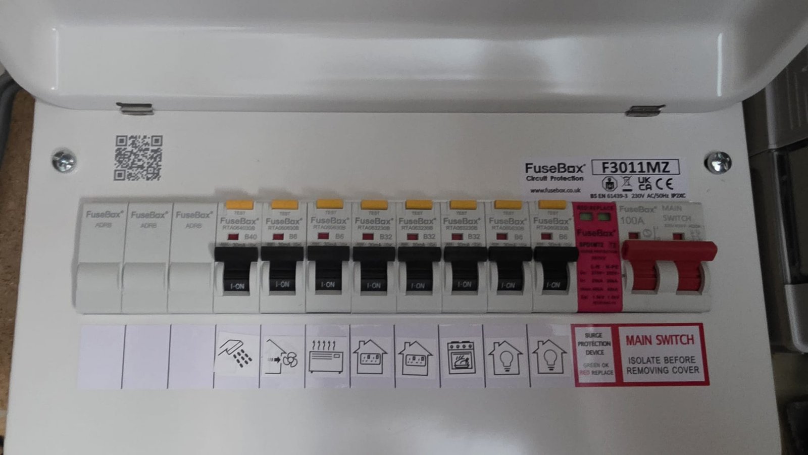 New FuseBox F3011MZ full RCBO consumer unit installed in an Aberdeen home with surge protection and 100A main switch