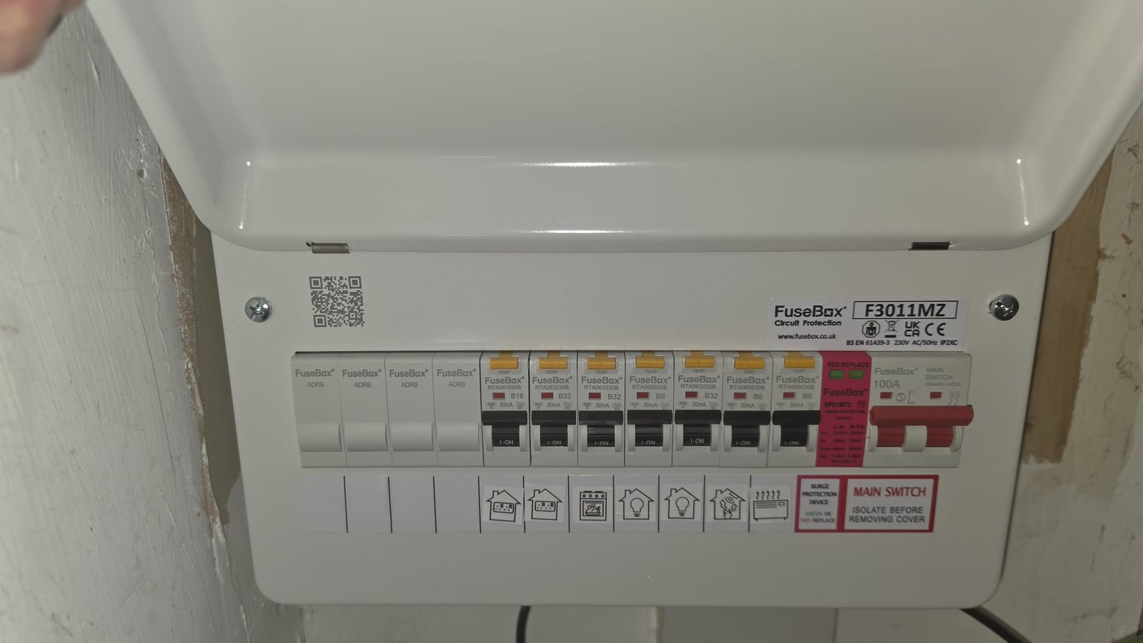 FuseBox RCBO board fitted at an Aberdeenshire domestic property, in the OFF position ready for energising