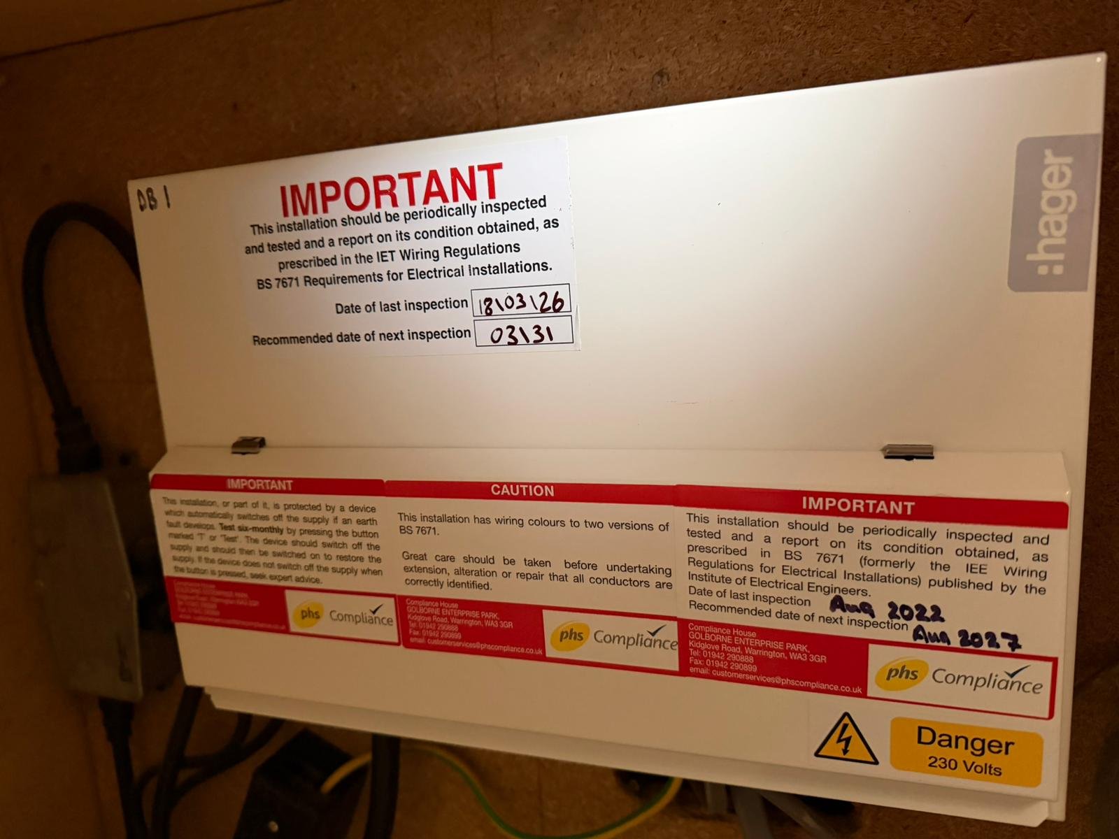 Hager consumer unit with EICR inspection date labels in a Bucksburn property