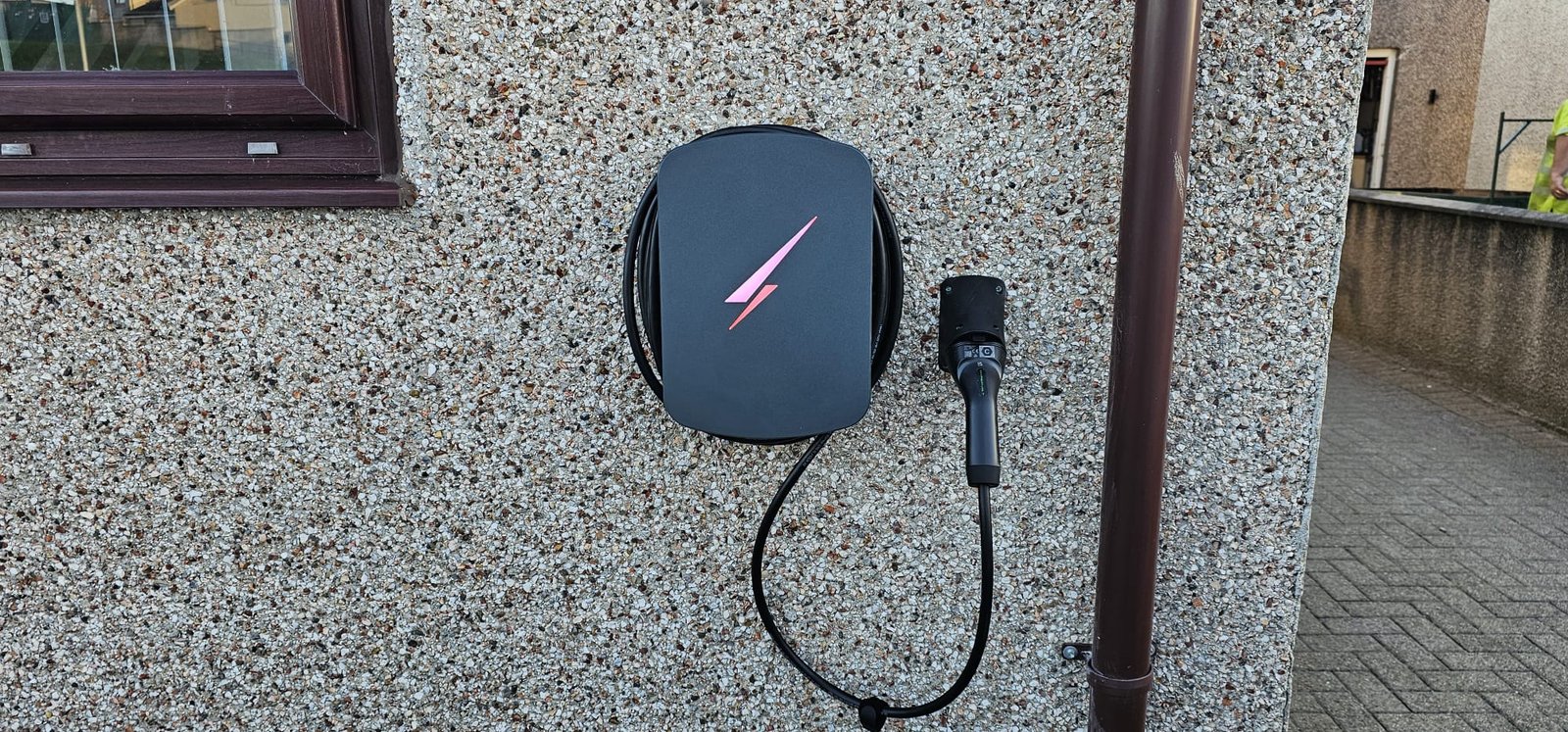 Hypervolt EV charger installed on a roughcast wall in Cove Bay