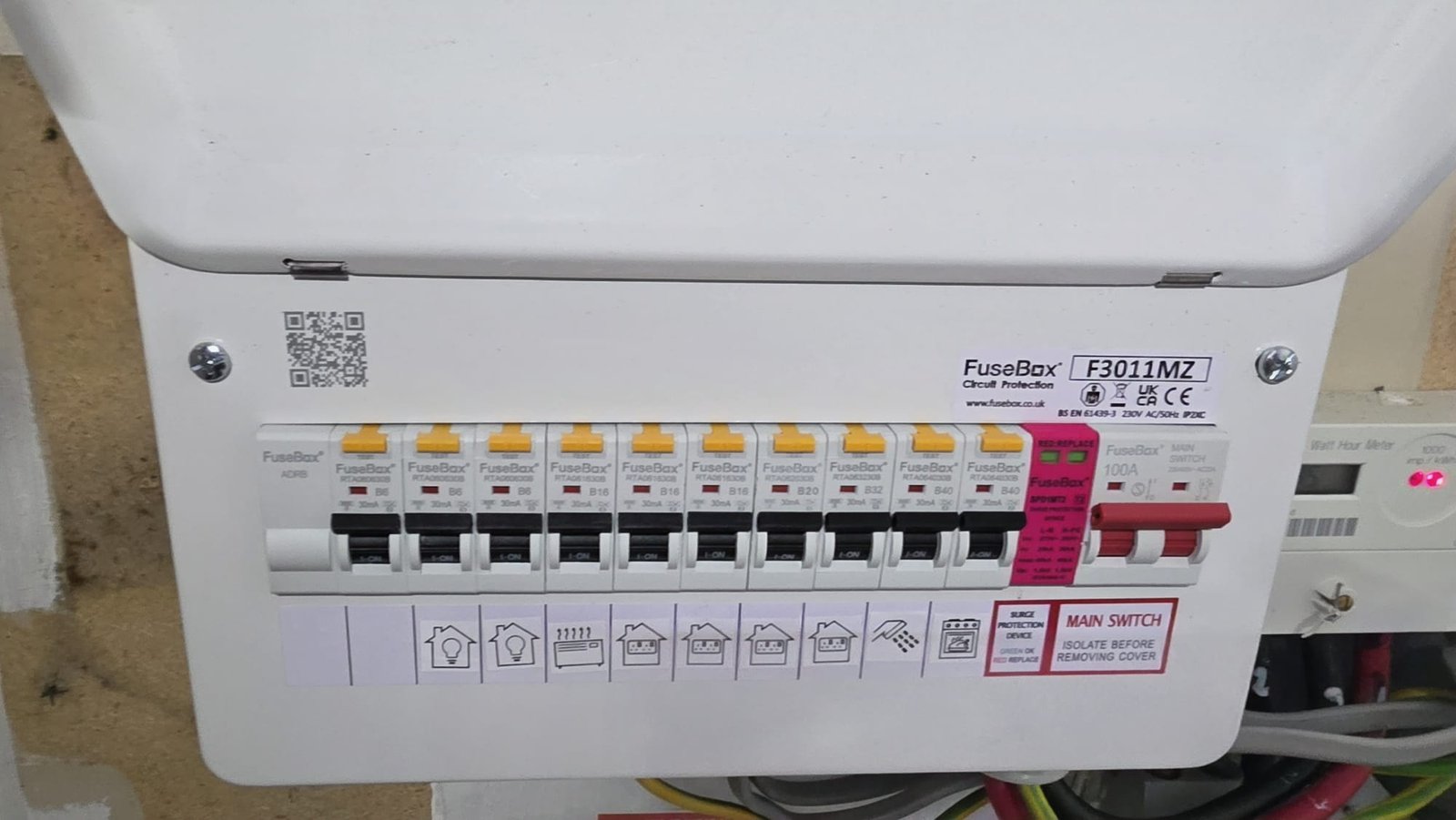 Large-home consumer unit installation in Aberdeen. Ten-way FuseBox RCBO board next to the property's watt-hour meter