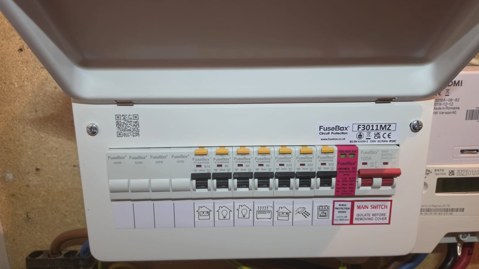 New-build consumer unit installation in Aberdeenshire with a FuseBox F3011MZ board paired with an EDMI smart meter