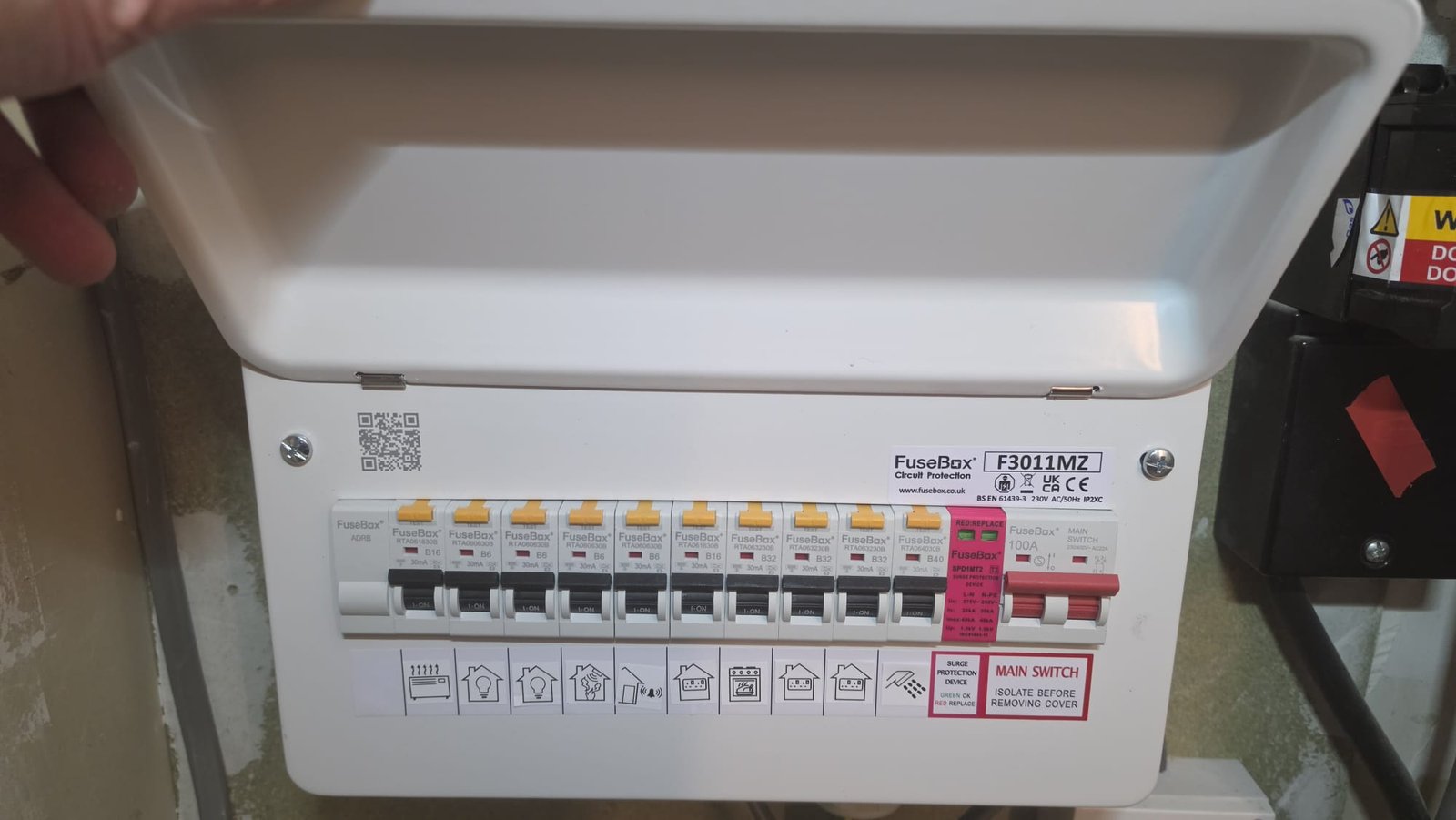 Ten-way FuseBox RCBO consumer unit at a new-build property in Aberdeenshire, ready for the smart meter commissioning