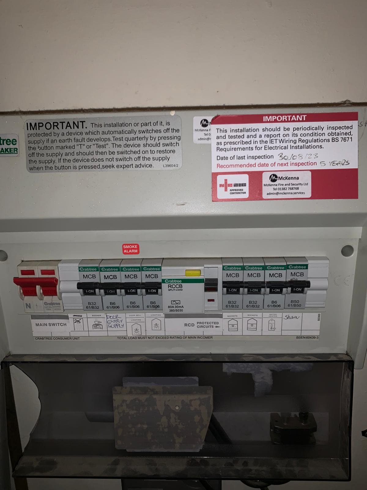 Old Crabtree consumer unit with EICR inspection labels in a Bridge of Don property