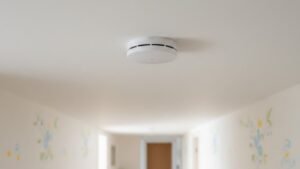 Mains-wired smoke alarm fitted to ceiling in a Scottish home