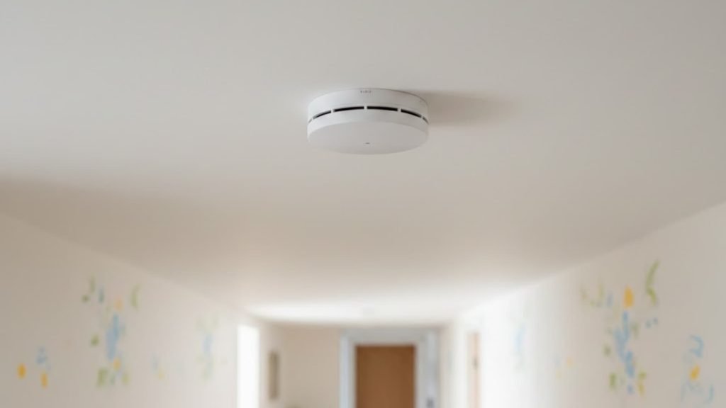 Mains-wired smoke alarm fitted to ceiling in a Scottish home