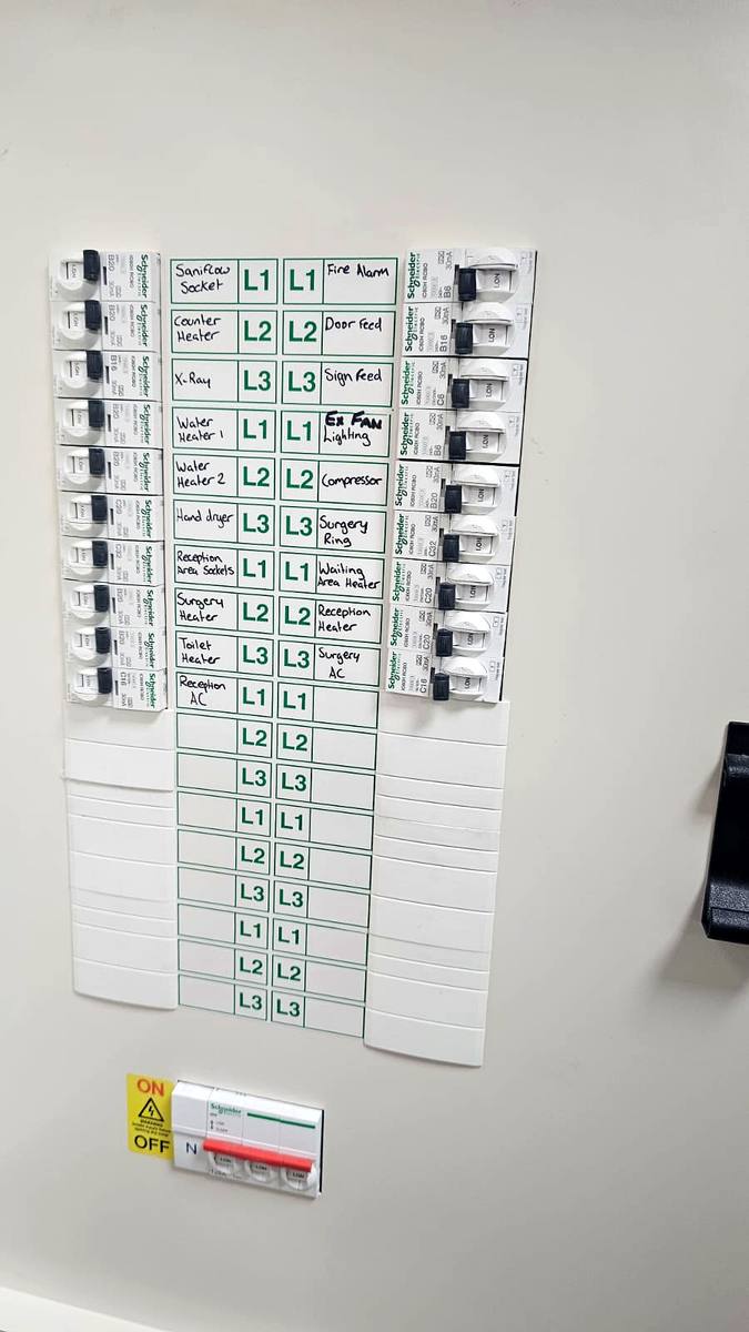Circuit schedule recorded during commercial fixed wire testing at an Aberdeen premises