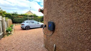 Hypervolt Home 3 EV charger installed on granite render wall in Kintore Aberdeenshire by Faithful Spark Electricians