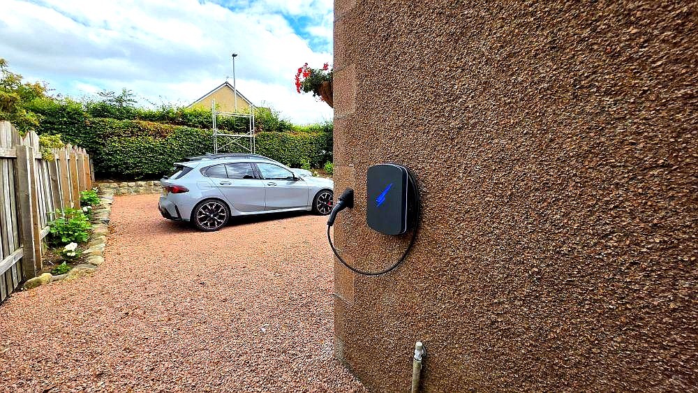 Hypervolt Home 3 EV charger installed on granite render wall in Kintore Aberdeenshire by Faithful Spark Electricians