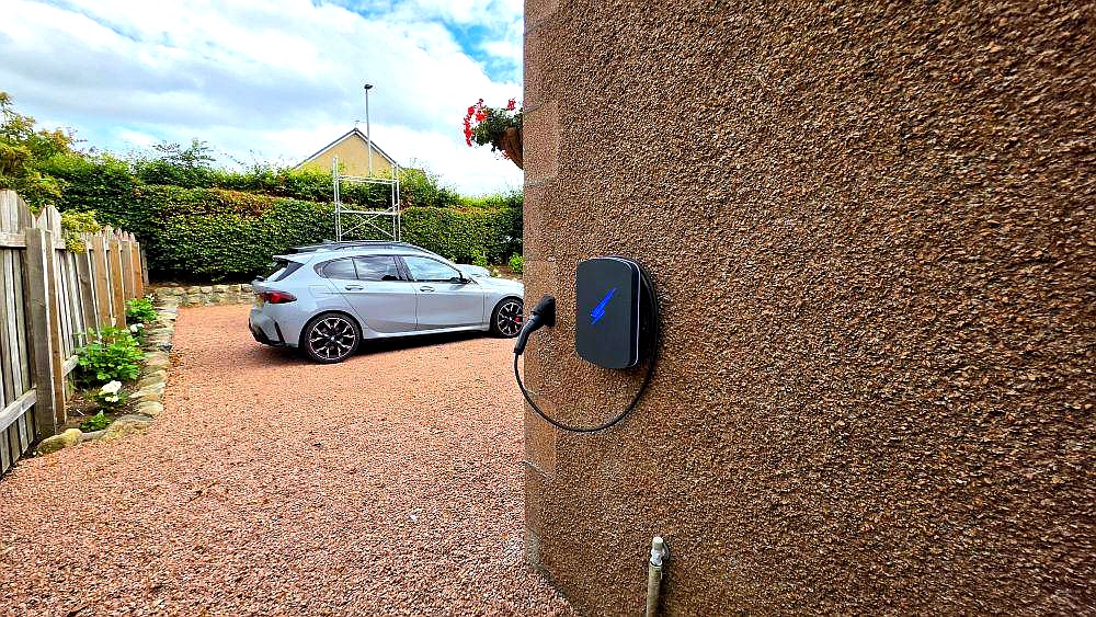 Hypervolt Home 3 EV charger installed on granite render wall in Kintore Aberdeenshire by Faithful Spark Electricians