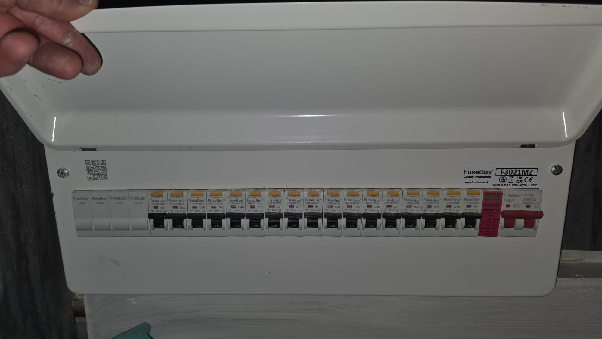 FuseBox F3021MZ distribution board in a Peterhead accommodation conversion with seventeen RCBO protected circuits and a 100A main switch