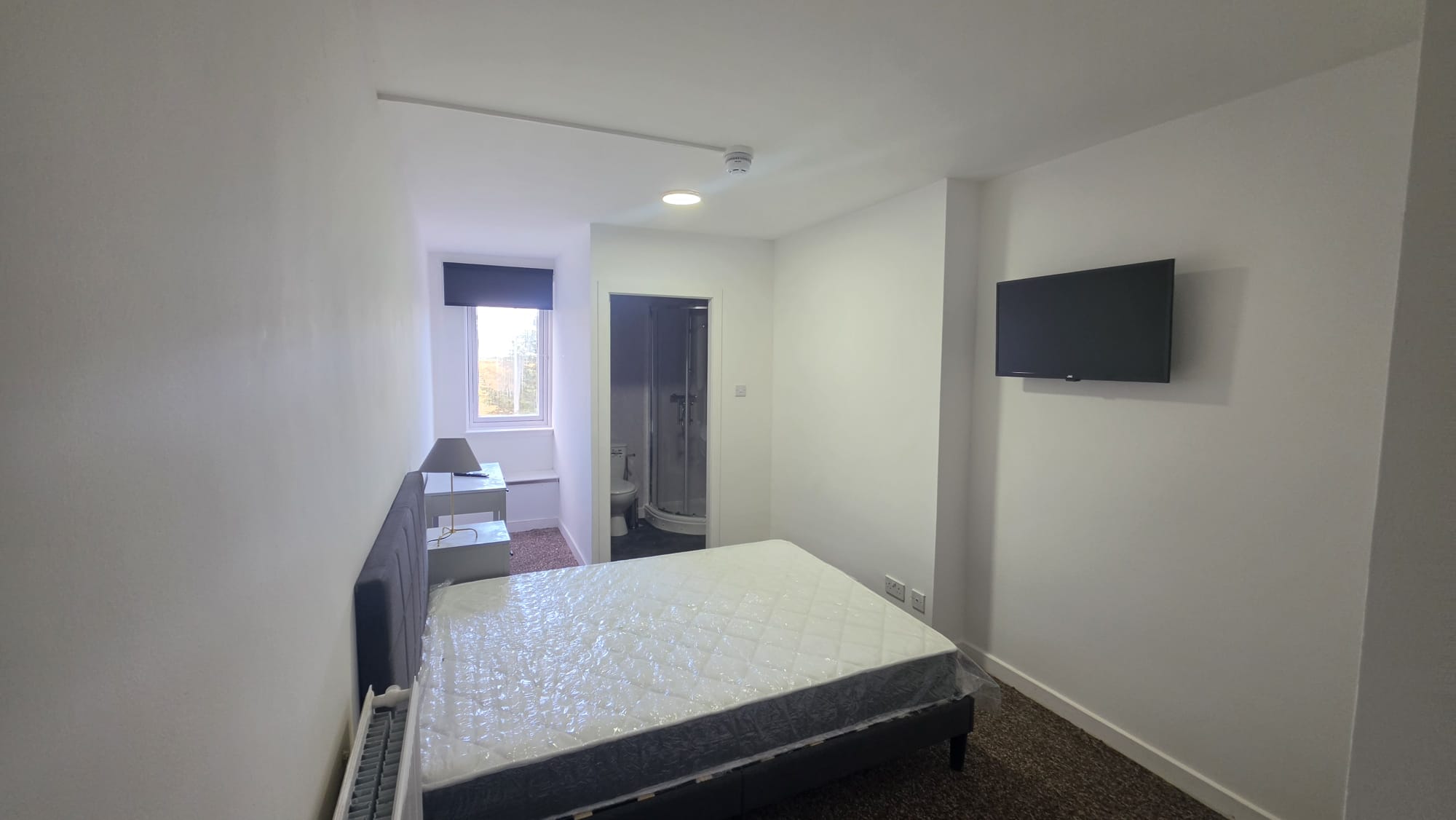 Letting room with an en suite shower room in a Peterhead accommodation conversion, with ceiling light and wall mounted television