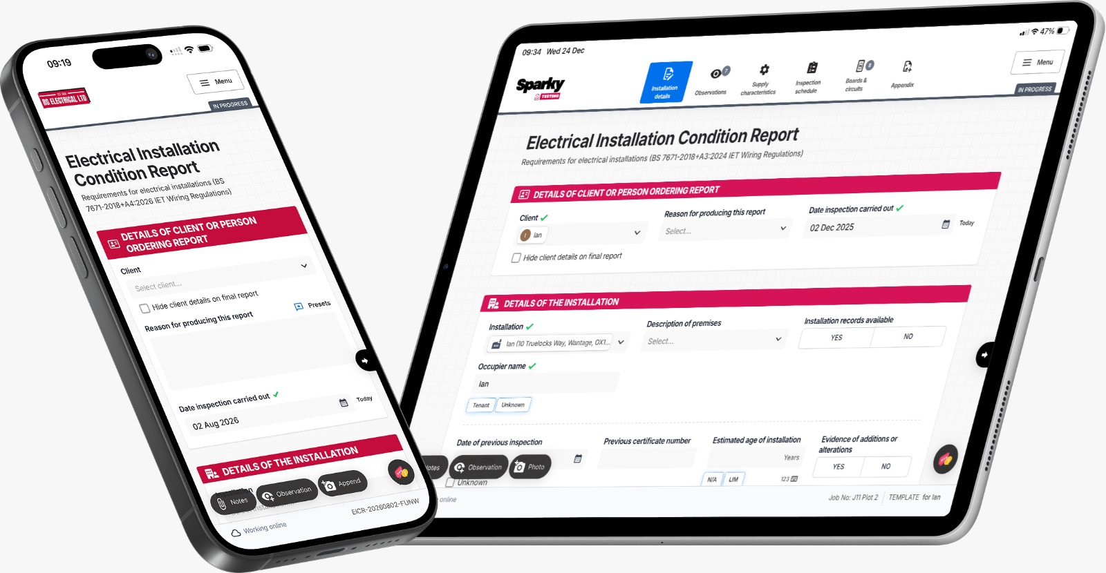 Tradecert Electrical Installation Condition Report form open on an iPhone and an iPad