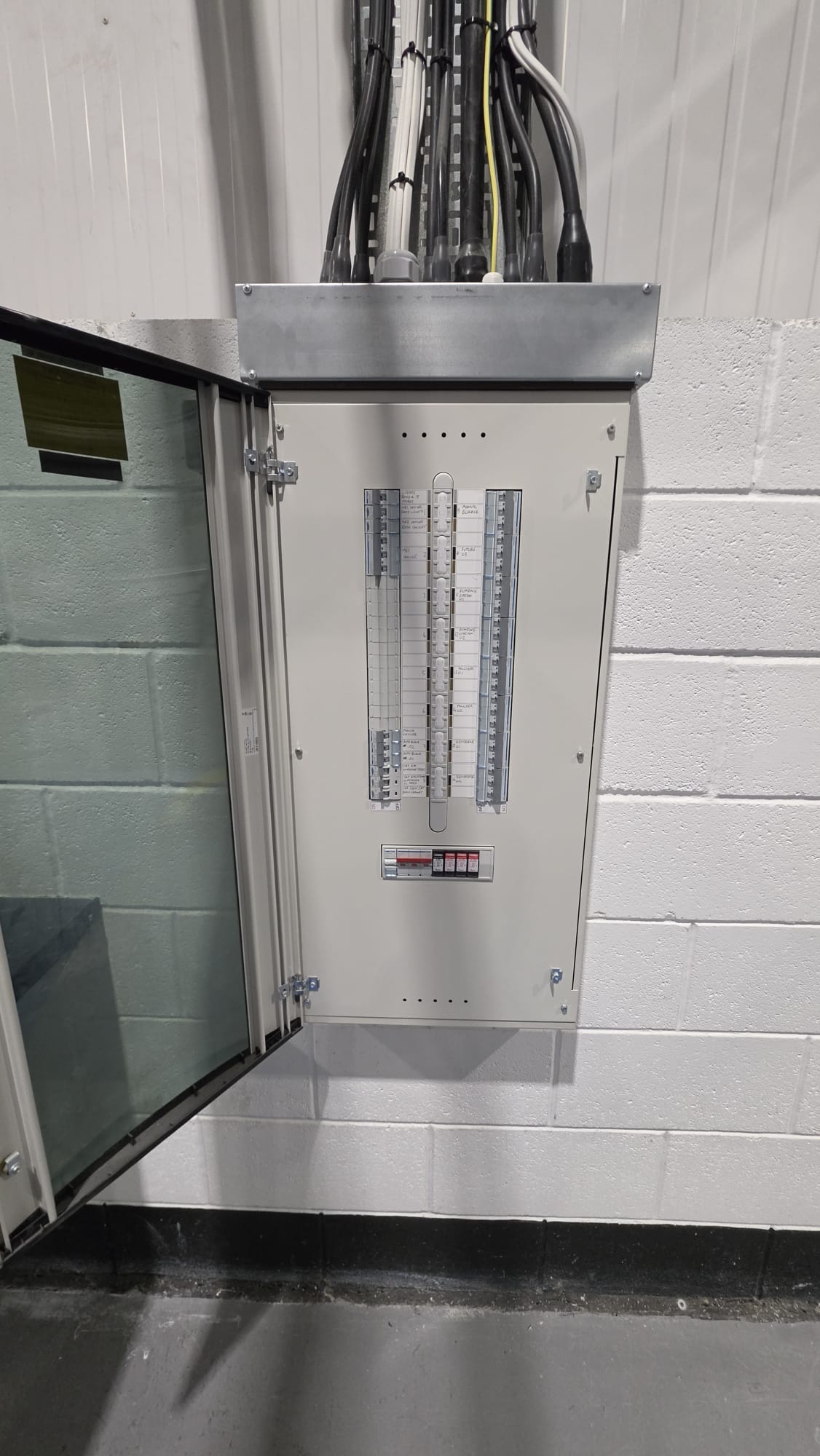 Commercial distribution board with surge protection modules, inspected by Faithful Spark Electricians in Aberdeen