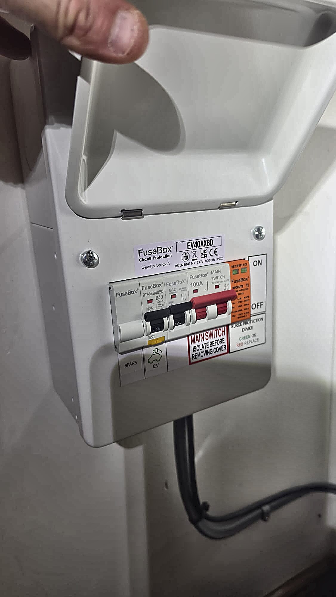 FuseBox dedicated EV consumer unit with surge protection device and EV circuit label fitted in Peterhead