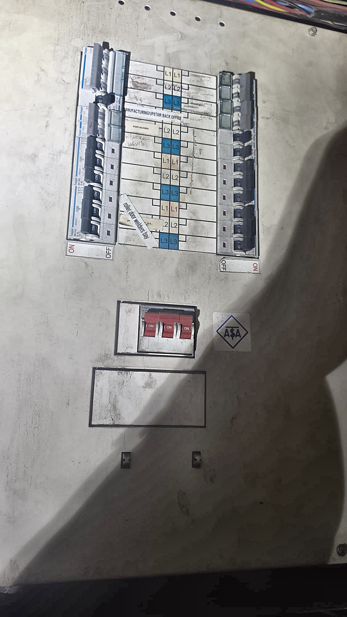 Three phase distribution board in an Aberdeen industrial unit with L1, L2 and L3 phase labels and circuits marked by area