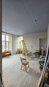 Large period room in Fraserburgh with new cabling dropped through plasterboard walls and ceiling during a rewire